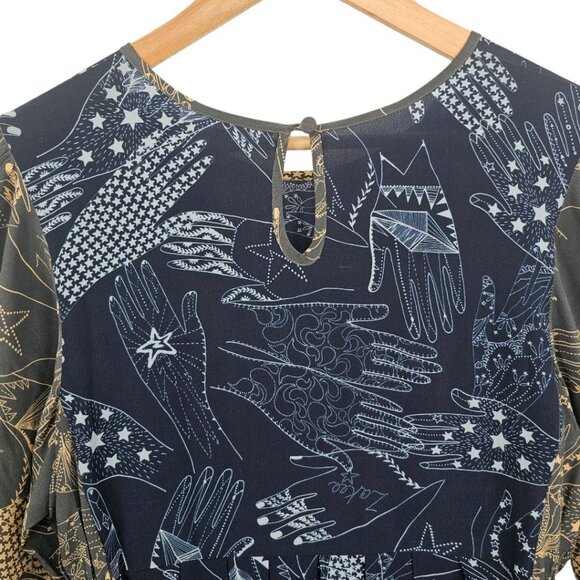 Zakee Shariff Womens 12 Silk Henna Hands Puff Sleeve Midi Dress - Picture 9 of 16